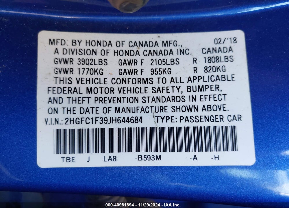 2018 HONDA CIVIC EX-T VIN: 2HGFC1F39JH644684