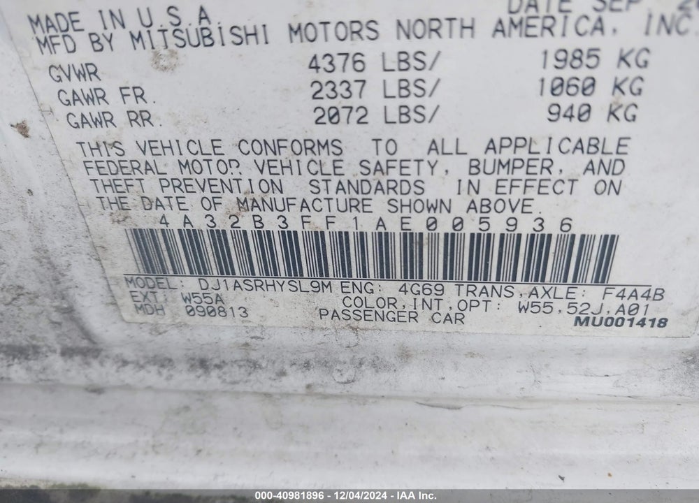 2010 MITSUBISHI GALANT VIN: 4A32B3FF1AE005936