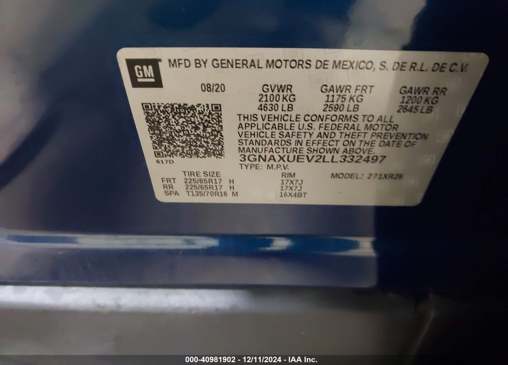 2020 CHEVROLET EQUINOX AWD LT 1.5L TURBO VIN: 3GNAXUEV2LL332497