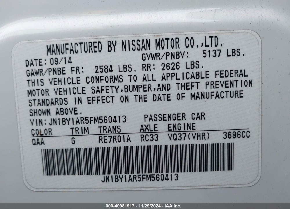 2015 INFINITI Q70 3.7X VIN: JN1BY1AR5FM560413