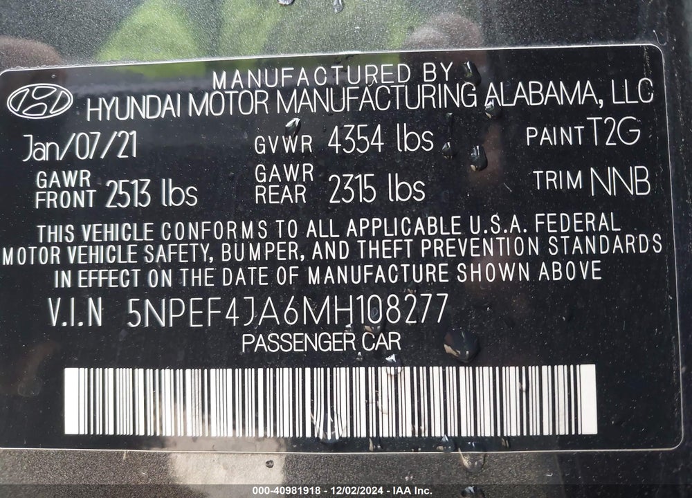 2021 HYUNDAI SONATA SEL VIN: 5NPEF4JA6MH108277