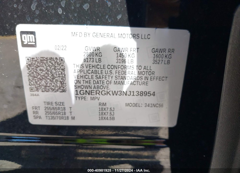 2022 CHEVROLET TRAVERSE FWD LT CLOTH VIN: 1GNERGKW3NJ138954