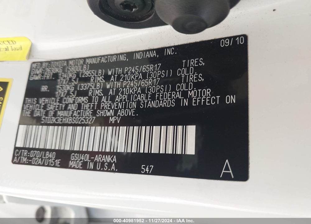 2011 TOYOTA HIGHLANDER SE V6 VIN: 5TDZK3EHXBS025327