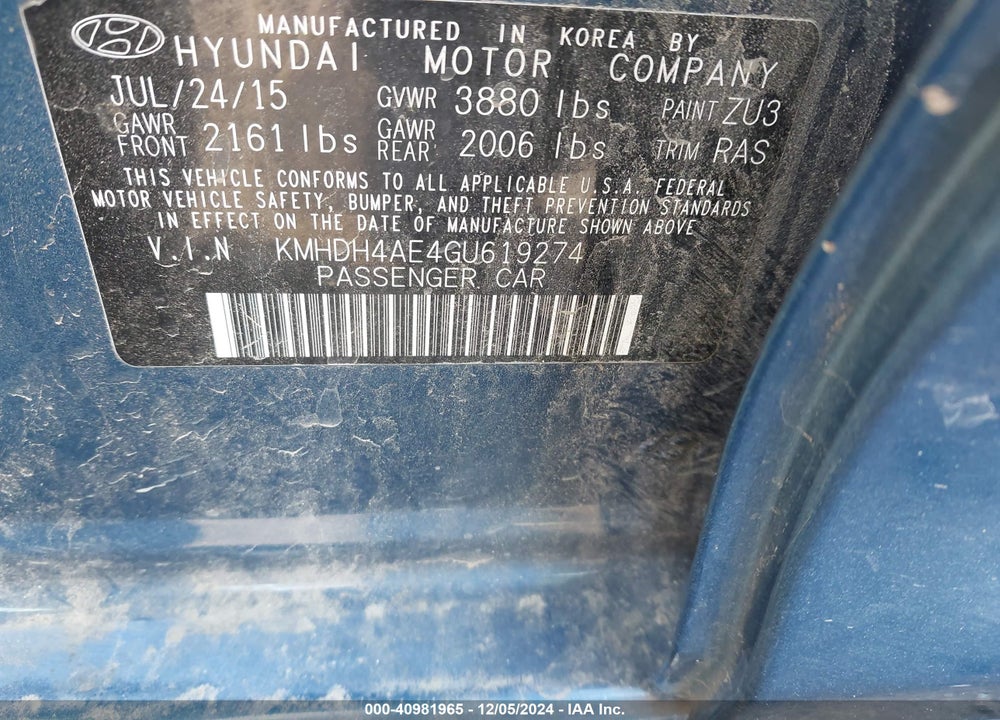 2016 HYUNDAI ELANTRA SE VIN: KMHDH4AE4GU619274