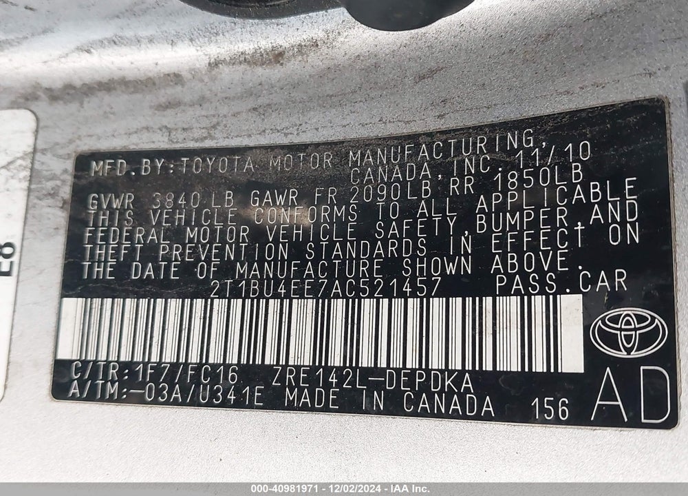 2010 TOYOTA COROLLA LE VIN: 2T1BU4EE7AC521457