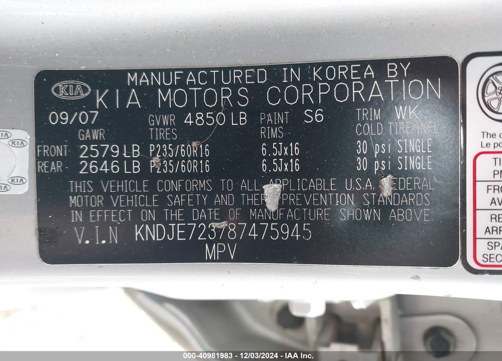 2008 KIA SPORTAGE LX V6 VIN: KNDJE723787475945