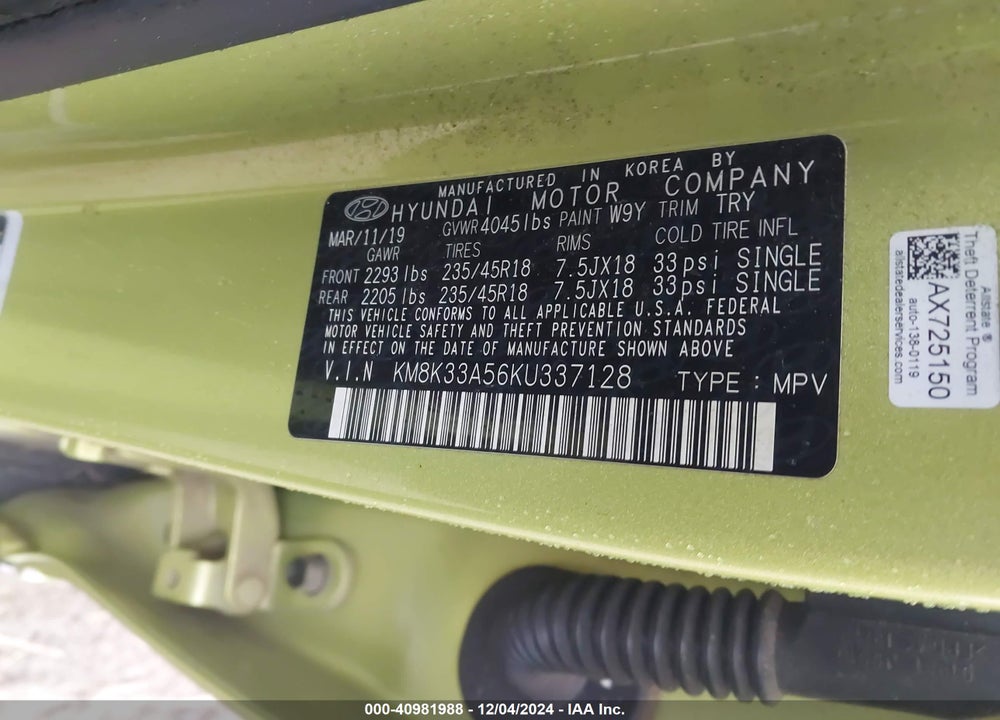 2019 HYUNDAI KONA LIMITED VIN: KM8K33A56KU337128