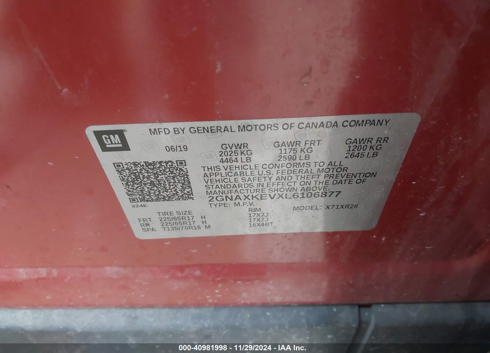 2020 CHEVROLET EQUINOX FWD LT 1.5L TURBO VIN: 2GNAXKEVXL6106877