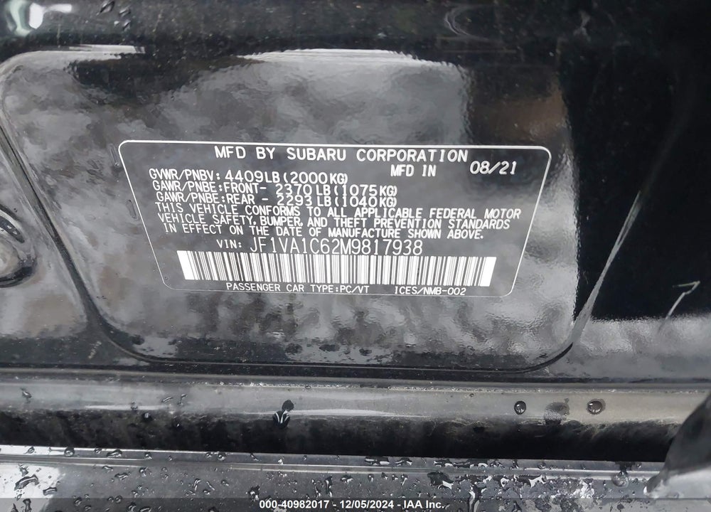 2021 SUBARU WRX VIN: JF1VA1C62M9817938