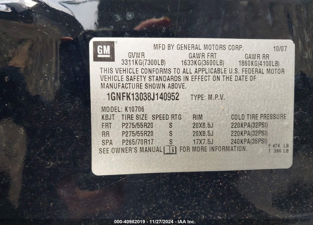 2008 CHEVROLET TAHOE LTZ VIN: 1GNFK13038J140952