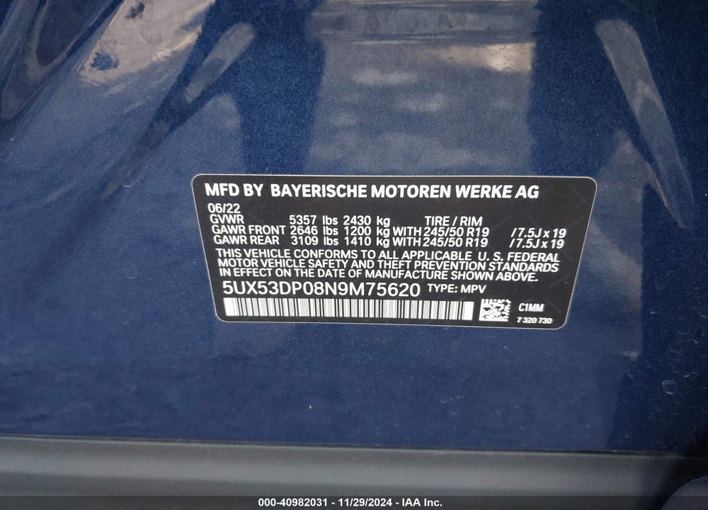 2022 BMW X3 XDRIVE30I VIN: 5UX53DP08N9M75620