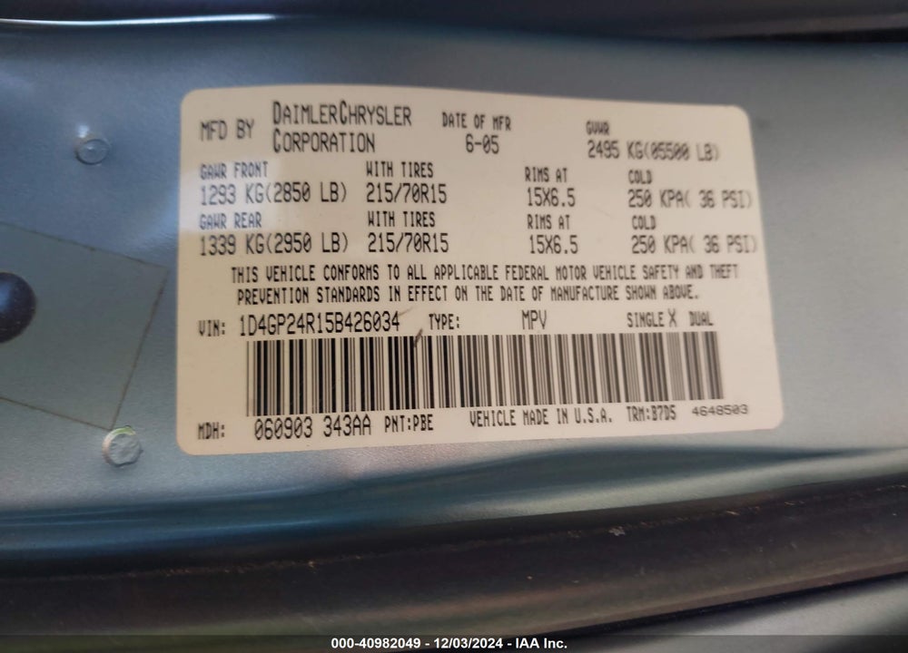 2005 DODGE GRAND CARAVAN SE VIN: 1D4GP24R15B426034