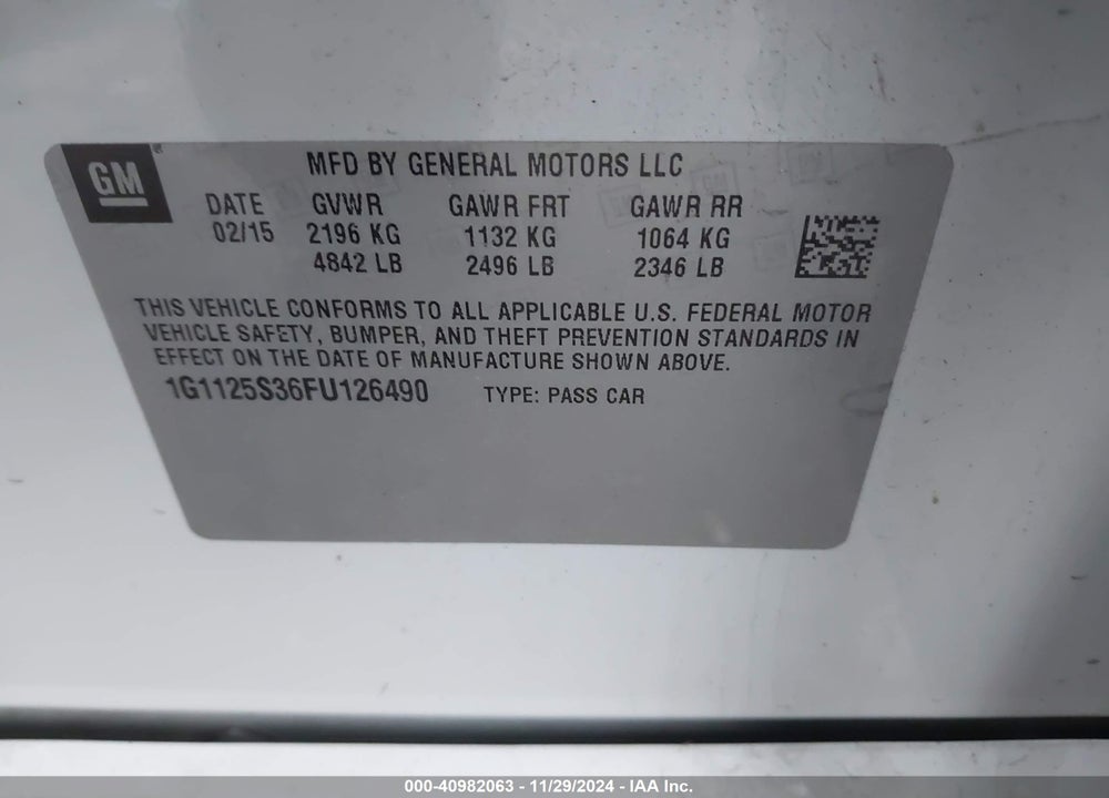 2015 CHEVROLET IMPALA VIN: 1G1125S36FU126490