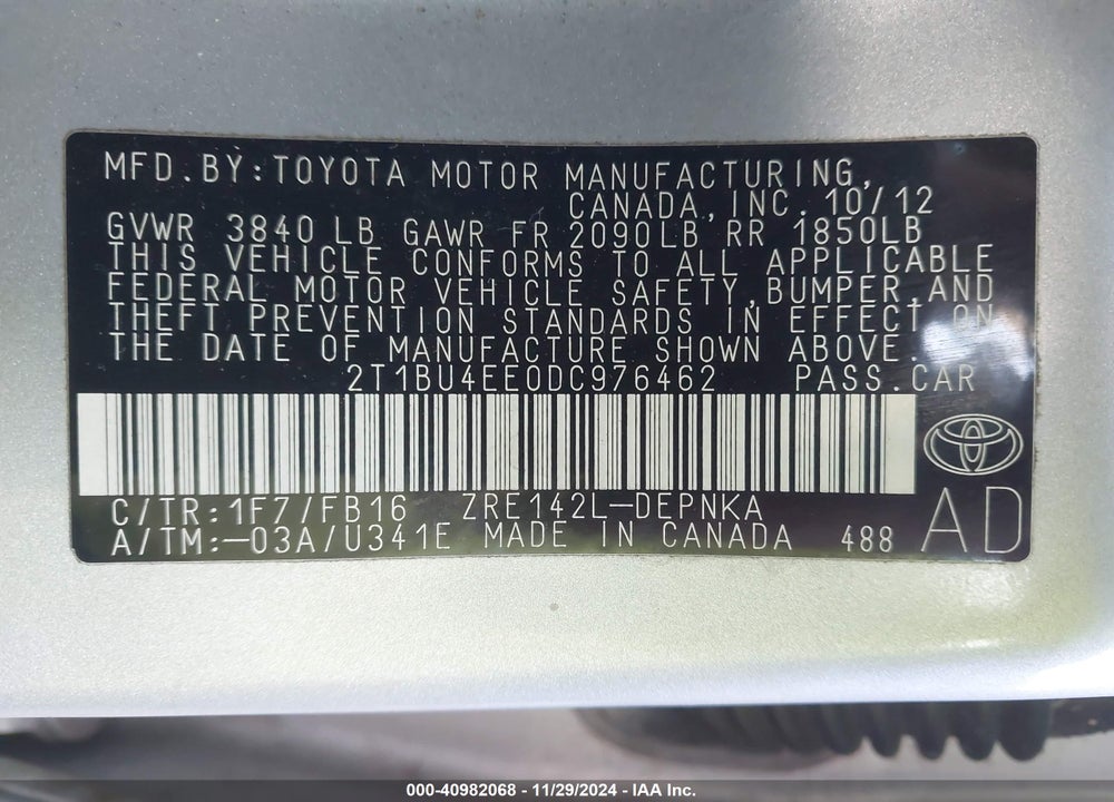 2013 TOYOTA COROLLA LE VIN: 2T1BU4EE0DC976462
