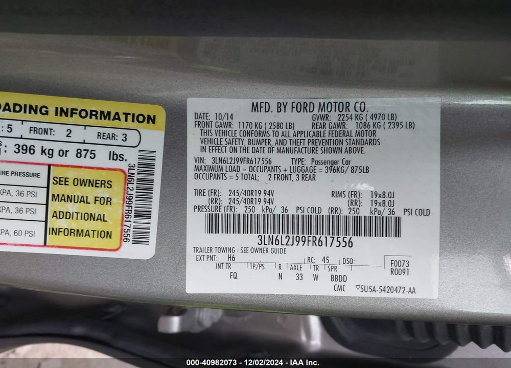 2015 LINCOLN MKZ VIN: 3LN6L2J99FR617556