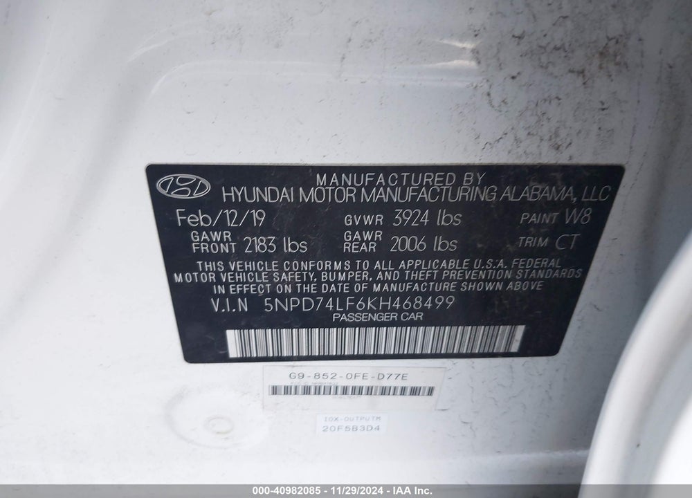 2019 HYUNDAI ELANTRA SE VIN: 5NPD74LF6KH468499