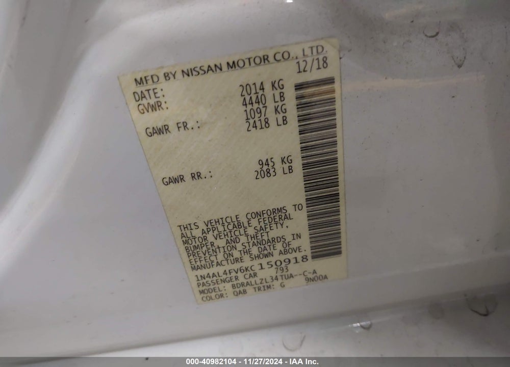 2019 NISSAN ALTIMA VIN: 1N4AL4FV6KC150918