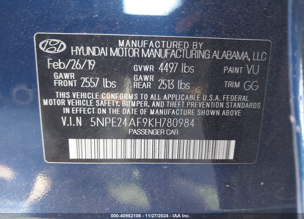 2019 HYUNDAI SONATA SE VIN: 5NPE24AF9KH780984
