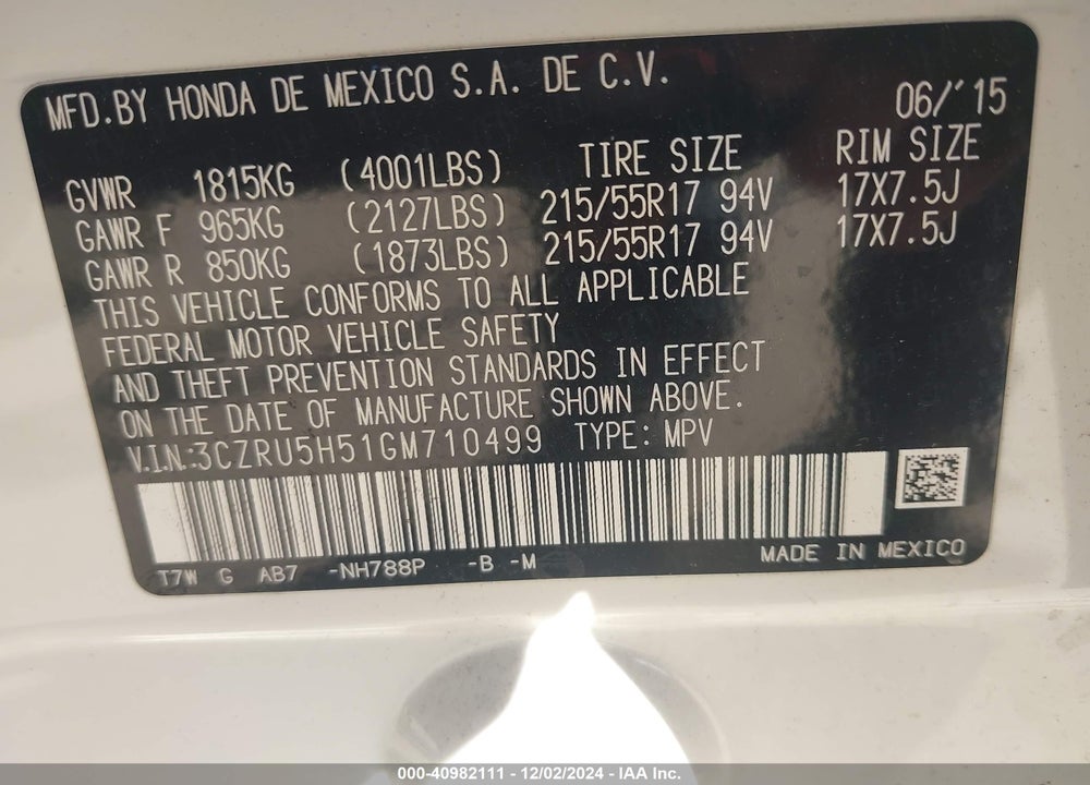 2016 HONDA HR-V EX VIN: 3CZRU5H51GM710499