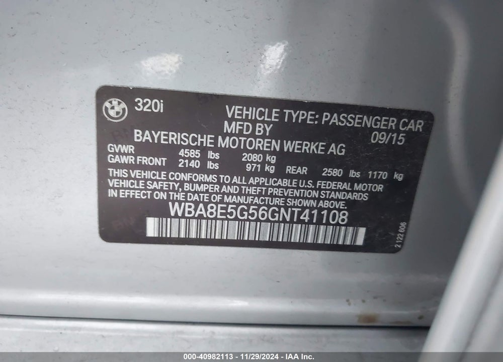 2016 BMW 320I XDRIVE VIN: WBA8E5G56GNT41108