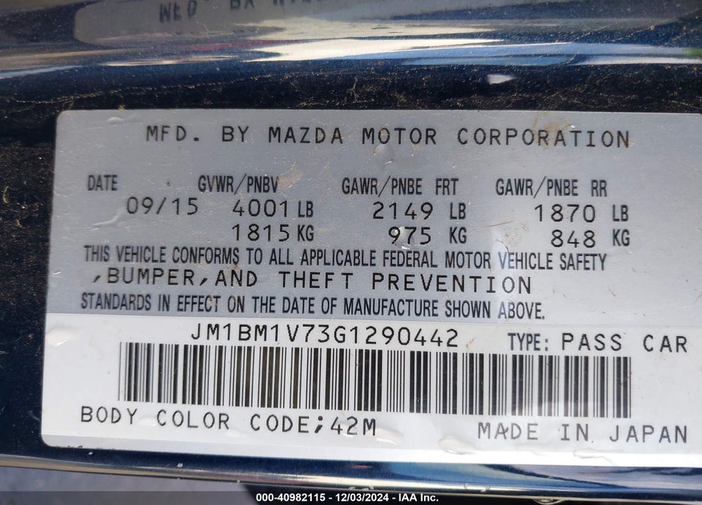 2016 MAZDA 3 I TOURING VIN: JM1BM1V73G1290442