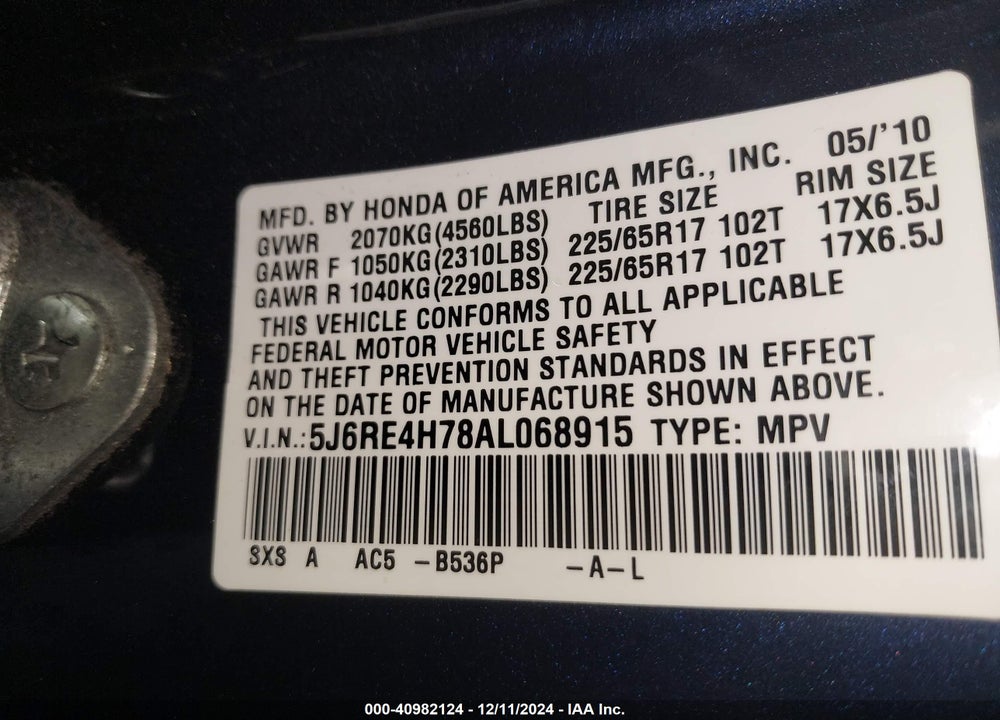 2010 HONDA CR-V EX-L VIN: 5J6RE4H78AL068915