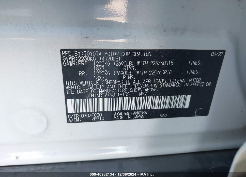 2022 TOYOTA RAV4 HYBRID SE VIN: JTM16RFV7NJ019155