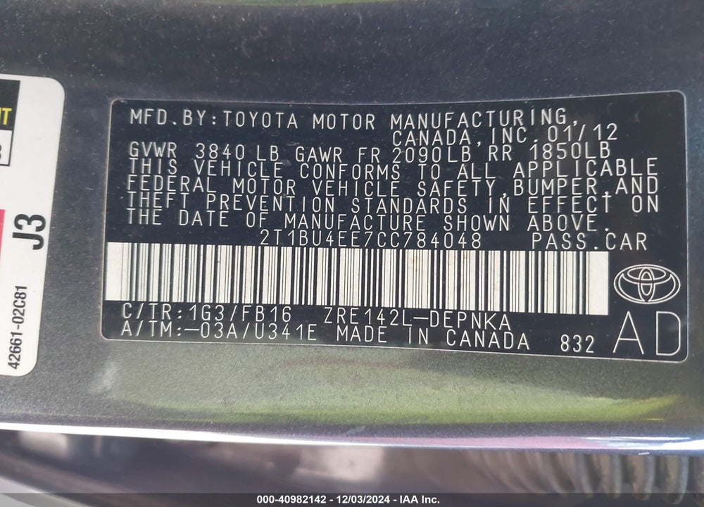 2012 TOYOTA COROLLA LE VIN: 2T1BU4EE7CC784048