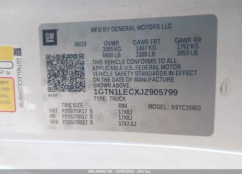 2018 GMC SIERRA 1500 VIN: 1GTN1LECXJZ905799