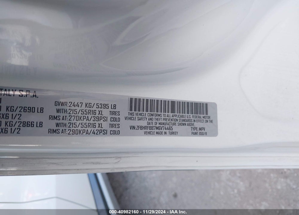2021 RAM PROMASTER CITY TRADESMAN SLT VIN: ZFBHRFBB7M6V74465