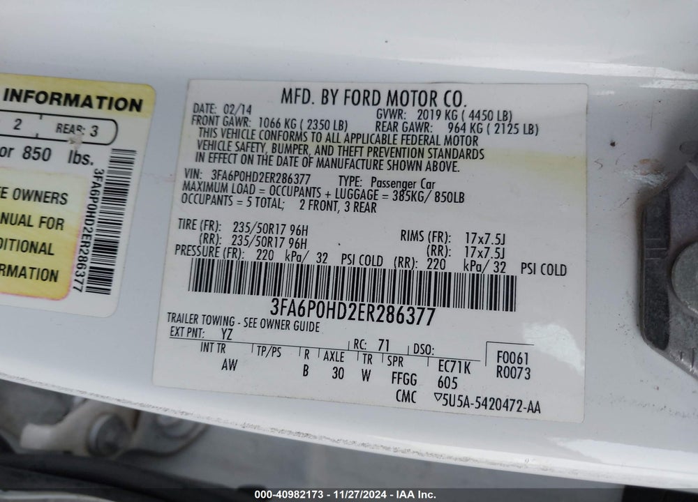 2014 FORD FUSION SE VIN: 3FA6P0HD2ER286377
