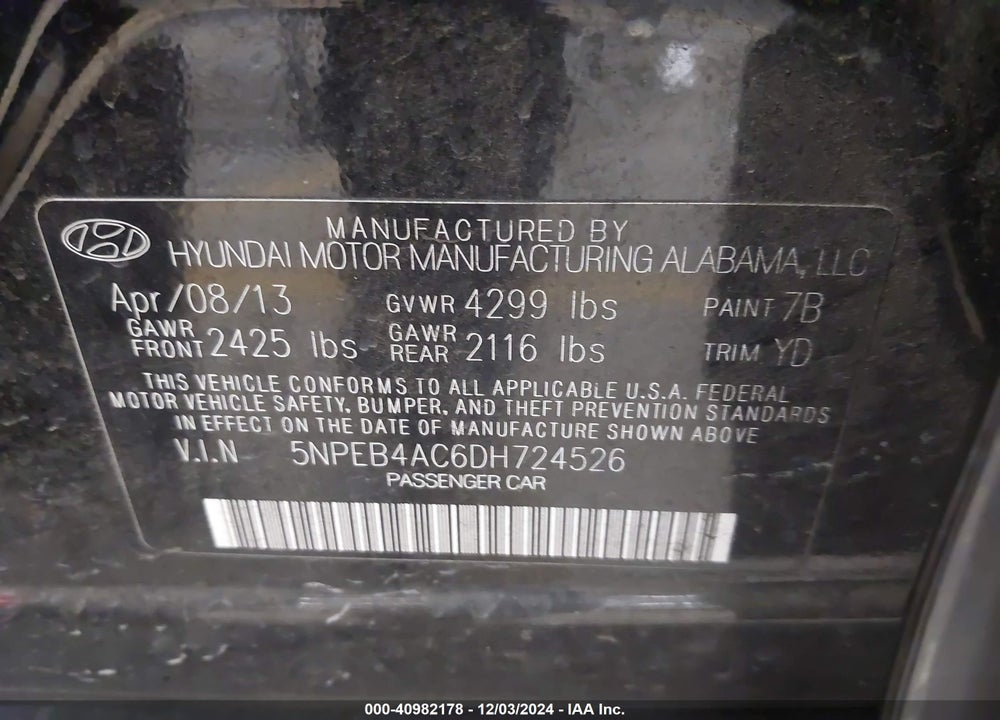 2013 HYUNDAI SONATA GLS VIN: 5NPEB4AC6DH724526