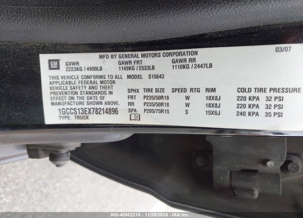 2007 CHEVROLET COLORADO LT VIN: 1GCCS13EX78214896