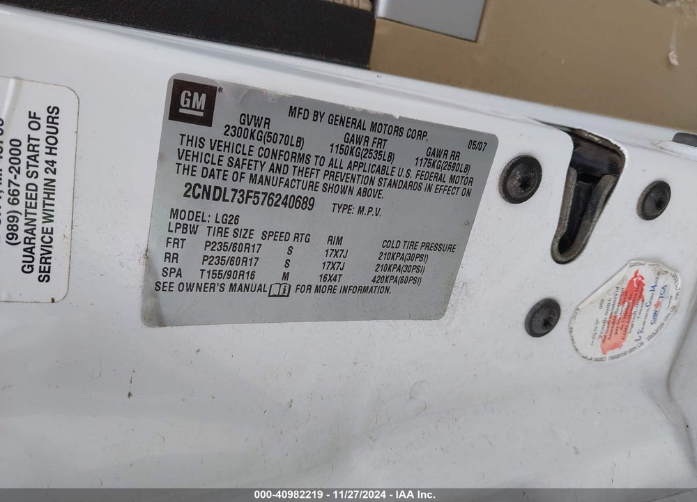 2007 CHEVROLET EQUINOX LT VIN: 2CNDL73F576240689