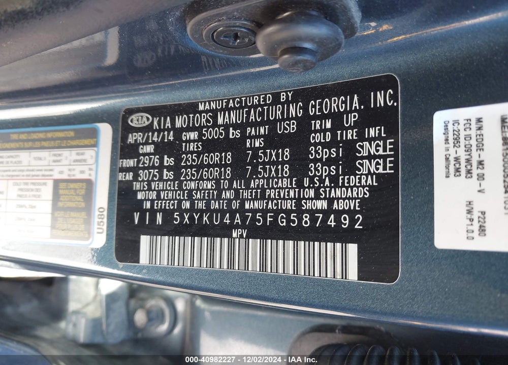 2015 KIA SORENTO EX V6 VIN: 5XYKU4A75FG587492