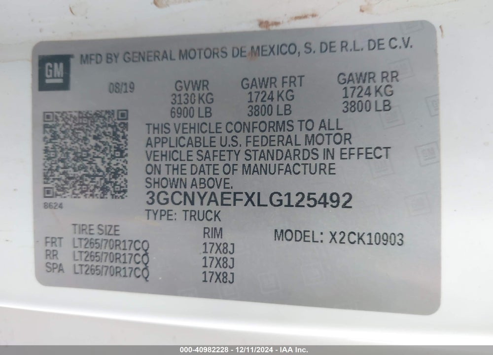 2020 CHEVROLET SILVERADO 1500 4WD LONG BED WT VIN: 3GCNYAEFXLG125492