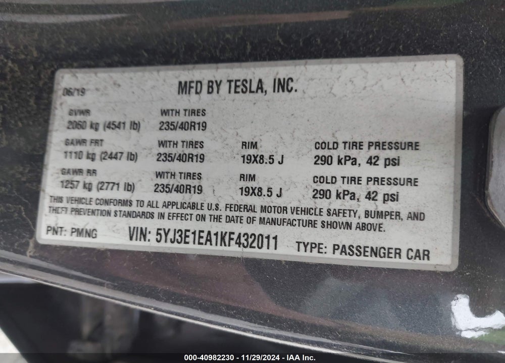 2019 TESLA MODEL 3 VIN: 5YJ3E1EA1KF432011