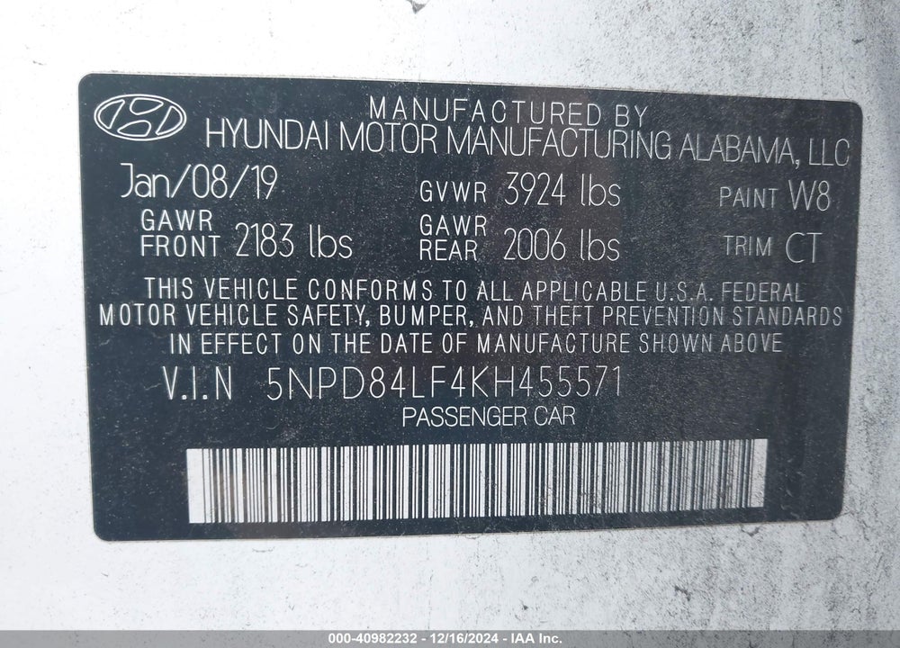 2019 HYUNDAI ELANTRA SEL VIN: 5NPD84LF4KH455571