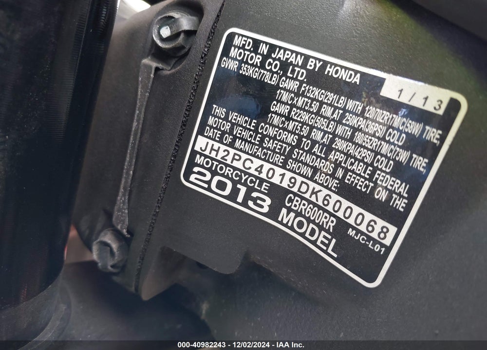 2013 HONDA CBR600 RR VIN: JH2PC4019DK600068