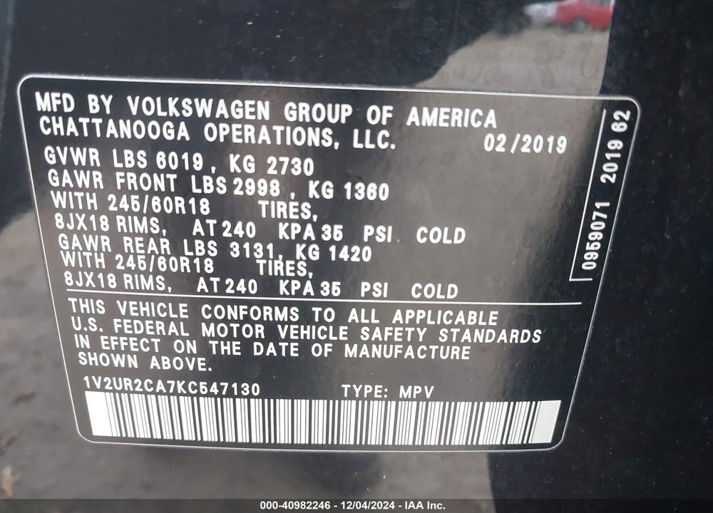 2019 VOLKSWAGEN ATLAS 3.6L V6 SE W/TECHNOLOGY VIN: 1V2UR2CA7KC547130
