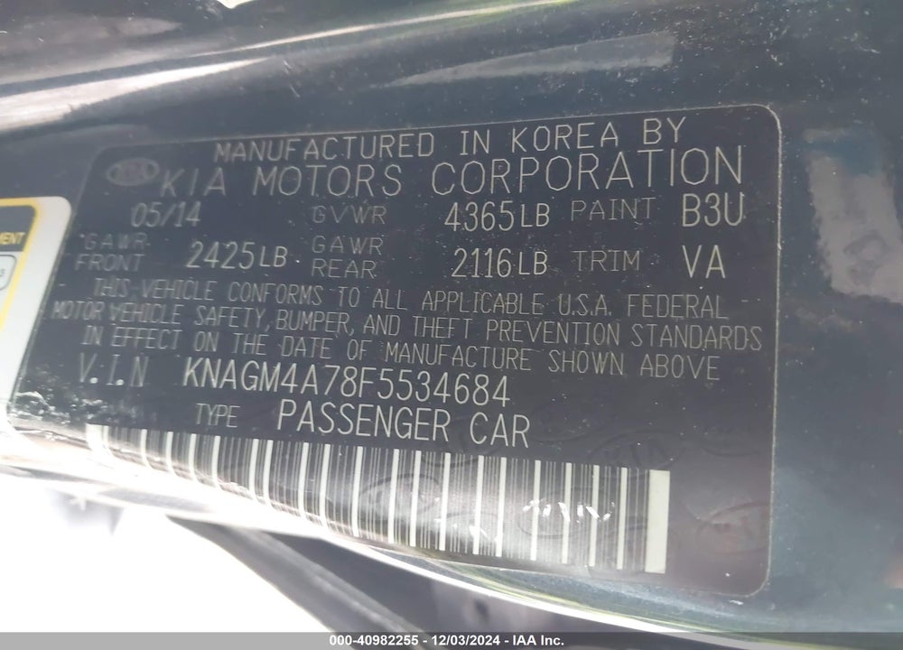 2015 KIA OPTIMA VIN: KNAGM4A78F5534684