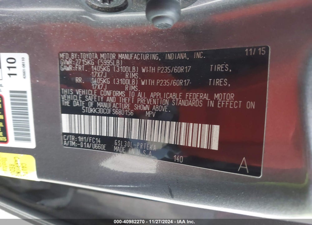 2015 TOYOTA SIENNA LE 8 PASSENGER VIN: 5TDKK3DC0FS680156