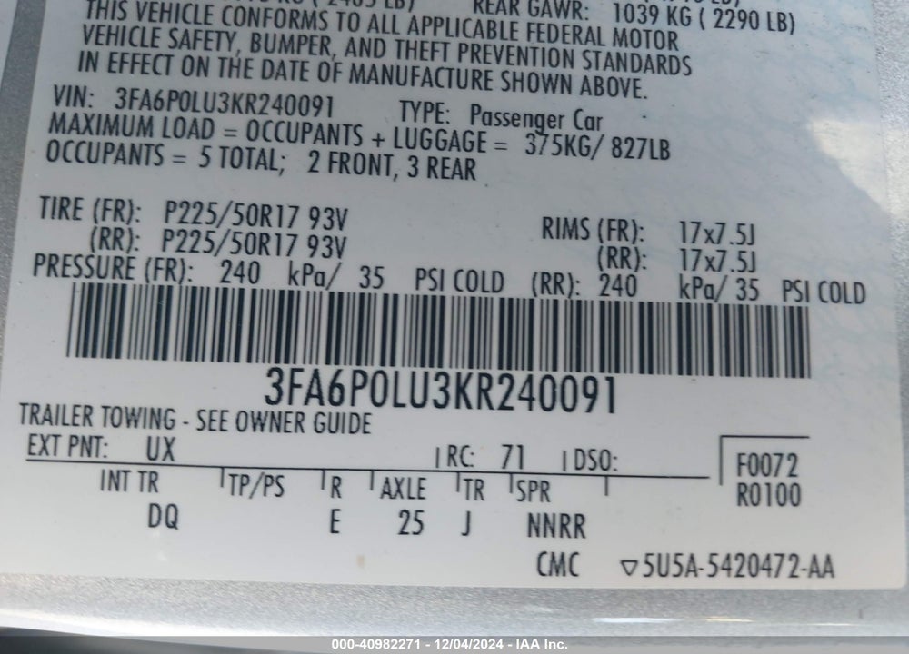 2019 FORD FUSION HYBRID SE VIN: 3FA6P0LU3KR240091