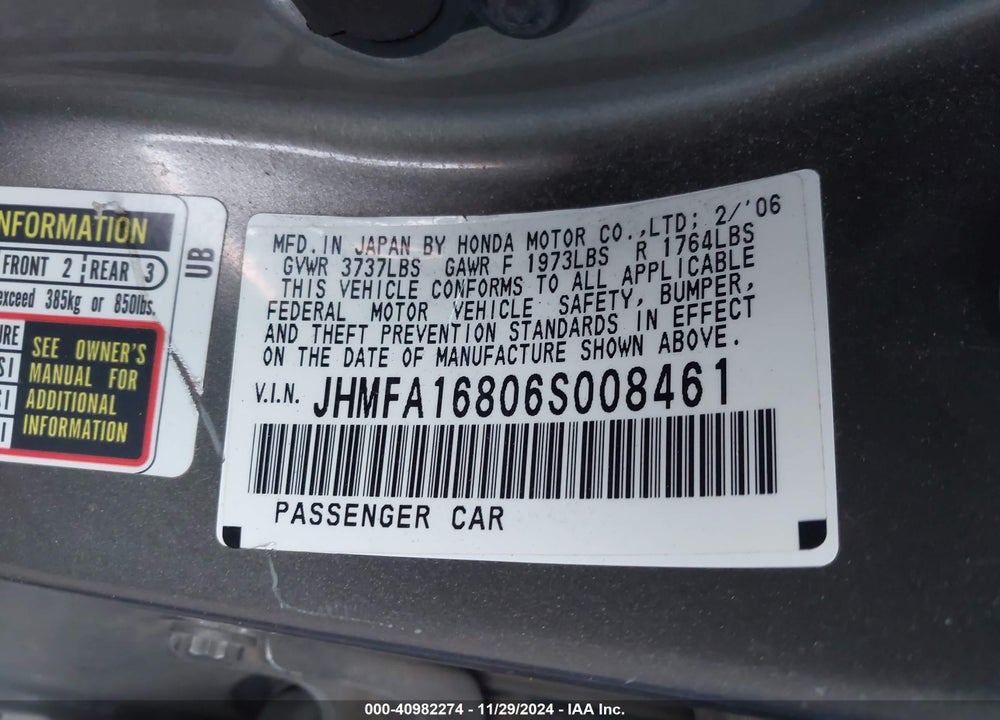 2006 HONDA CIVIC EX VIN: JHMFA16806S008461