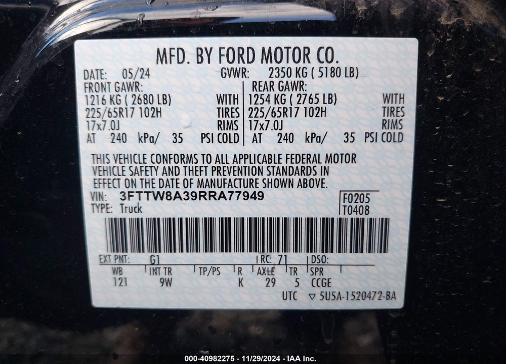 2024 FORD MAVERICK XL VIN: 3FTTW8A39RRA77949