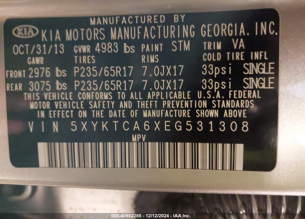 2014 KIA SORENTO LX VIN: 5XYKTCA6XEG531308