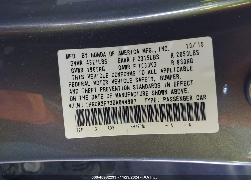 2016 HONDA ACCORD EX VIN: 1HGCR2F73GA044907