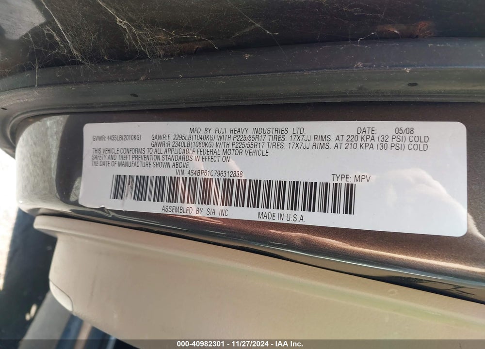 2009 SUBARU OUTBACK 2.5I VIN: 4S4BP61C796312838