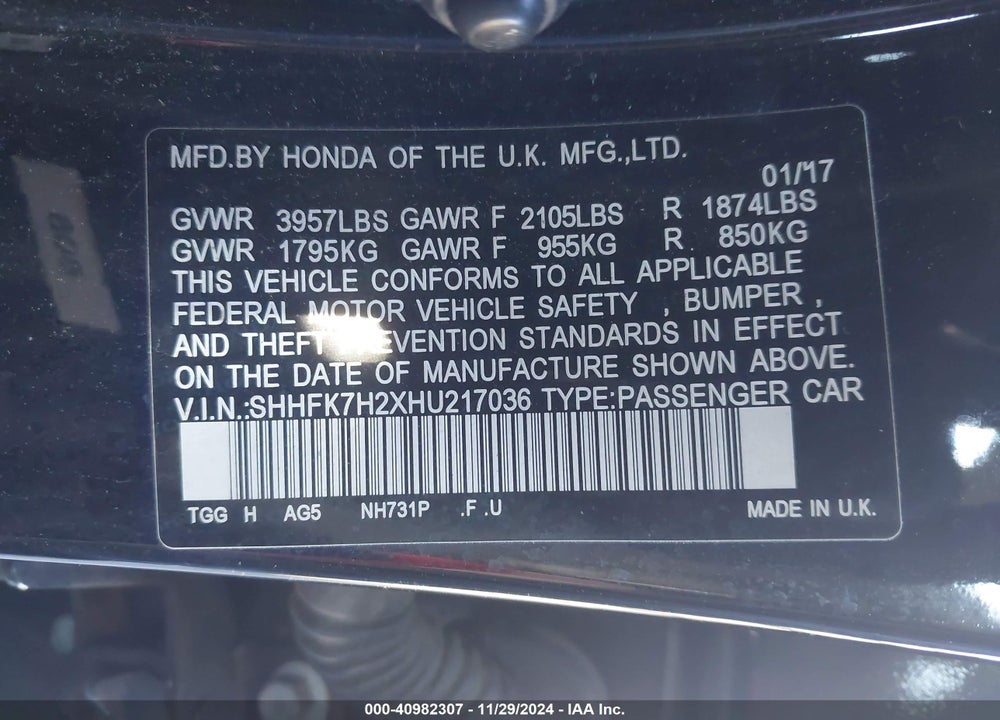 2017 HONDA CIVIC LX VIN: SHHFK7H2XHU217036