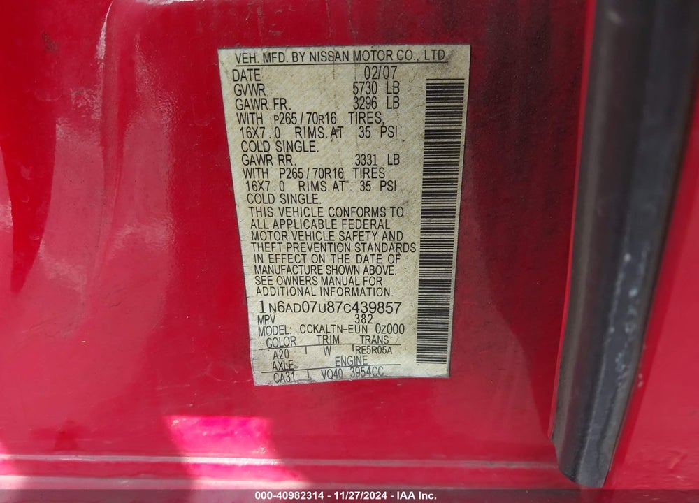 2007 NISSAN FRONTIER SE VIN: 1N6AD07U87C439857